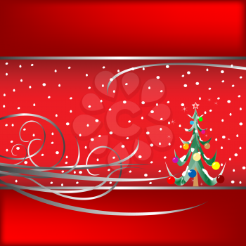 Royalty Free Clipart Image of a Christmas Card With a Tree, Snow and Flourishes